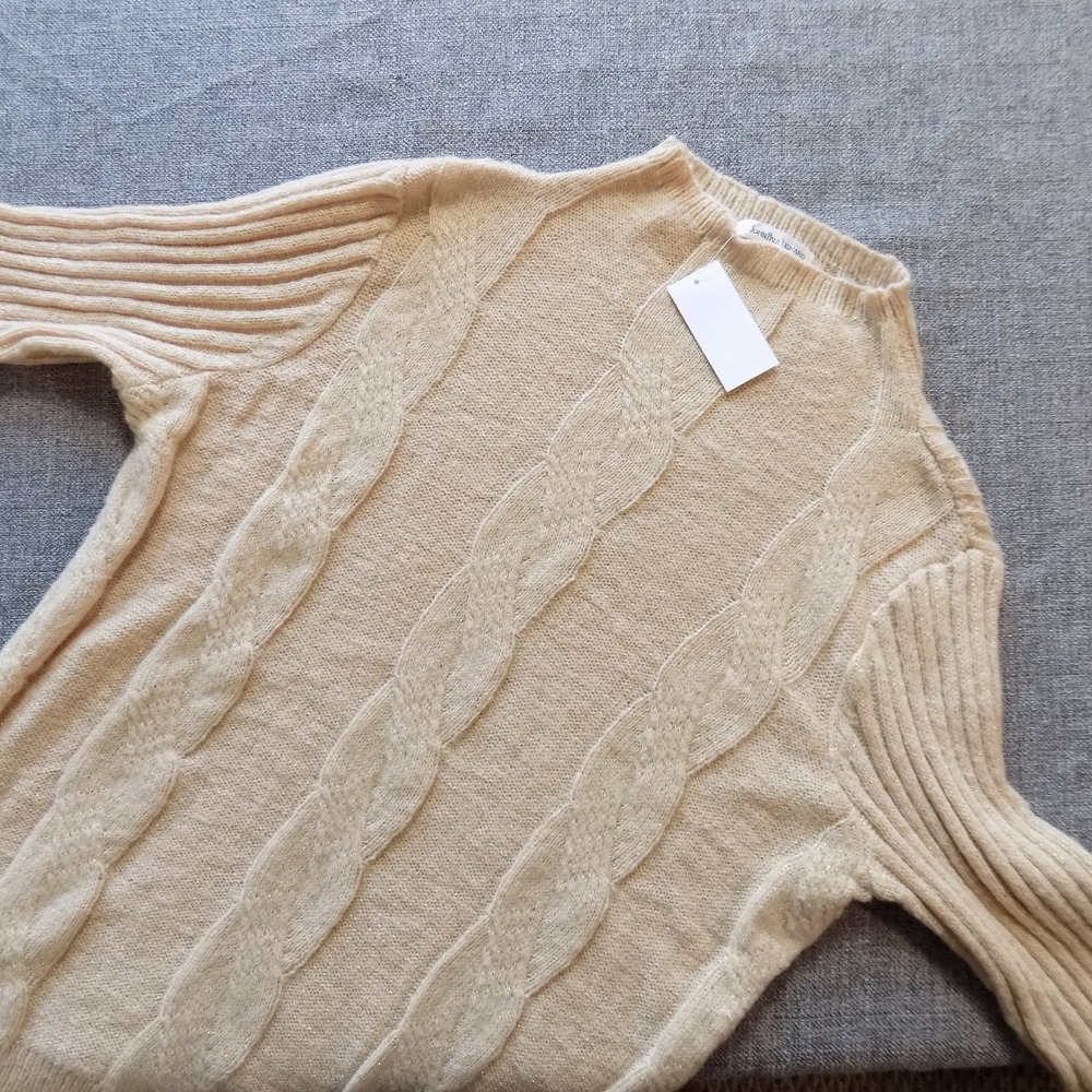 John Paul Richard Sweater Womens M Beige NWT Metallic Cable Knit Mock Neck